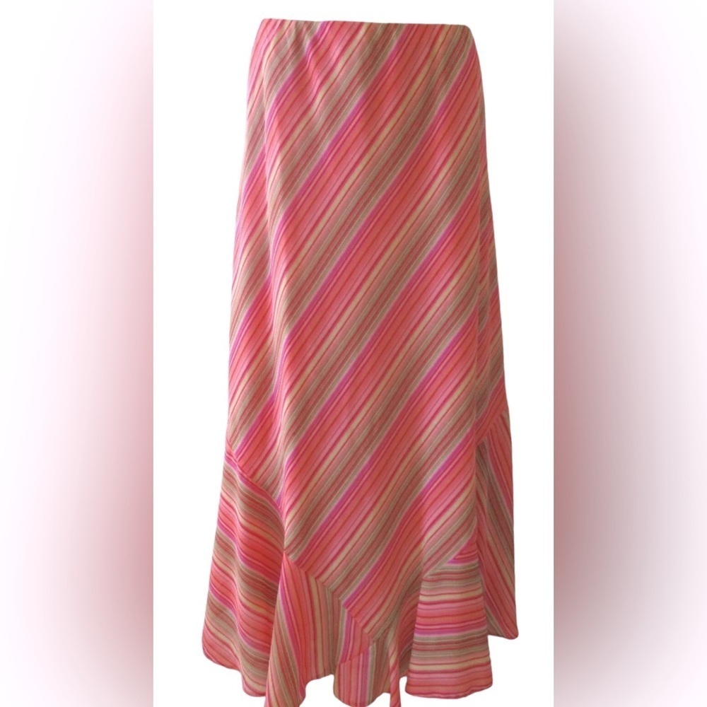 Russell Kemp striped skirt with elastic waist and uneven hem.